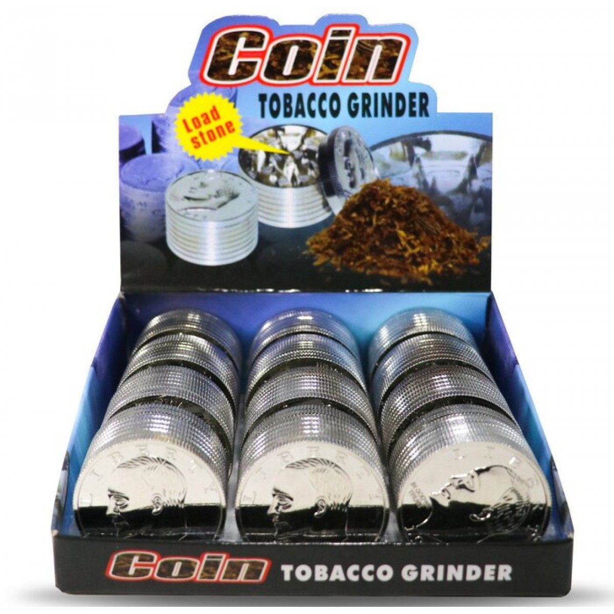 Coin Tobacco Grinder - 3 Part - Display of 12